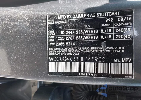 2017 Mercedes-Benz Glc 300 4Matic из США, поврежденный, VIN WDC0G4KB3HF145926